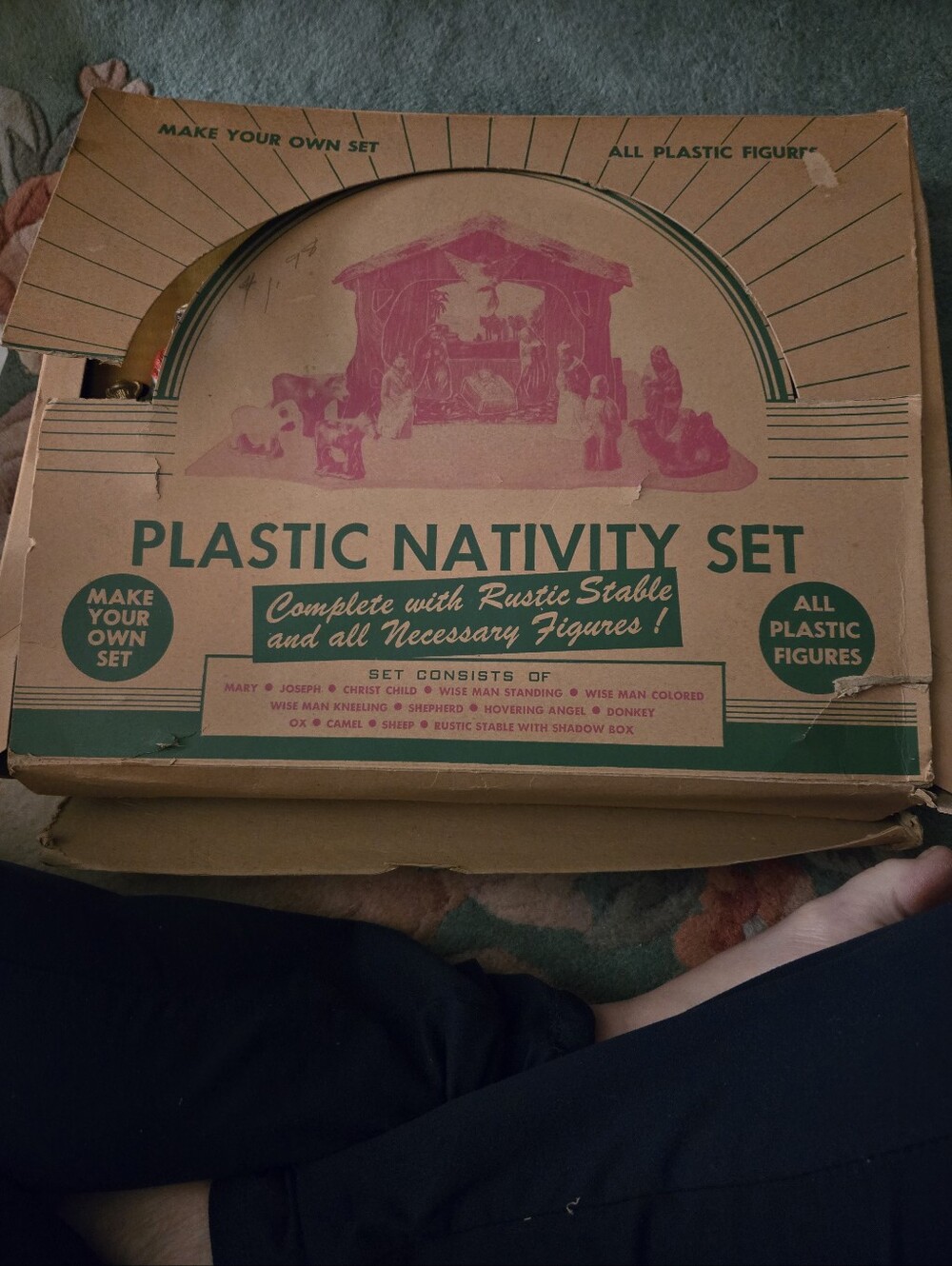 Plastic Nativity Set - Vintage Style Brown and Green Box
